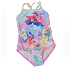 Cute Colorful One-Piece‎ Kitten Design Graphic Girls Swimsuit Size 6